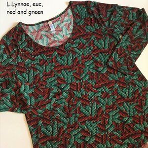 L Lularoe Lynnae top, red and green with black.